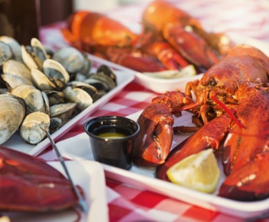 View of table with lobster meal
