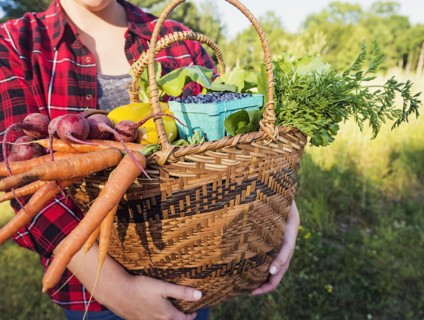 Mid section of woman holding basket with vegetables and fruits