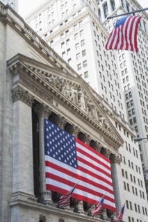 American flag on facade of New York Stock Exchange building