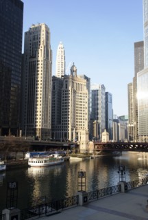 Waterfront cityscape at sunlight