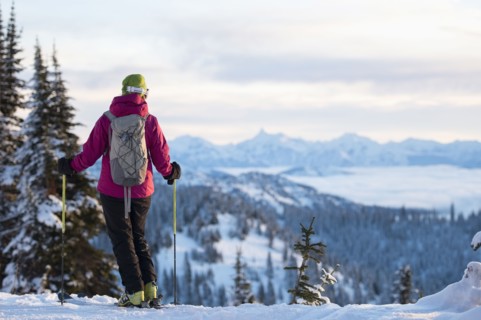 Female skier against mountains