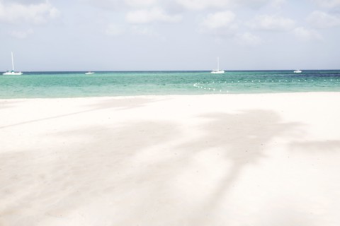 View of beach, shadows of palm trees and yachts in distance