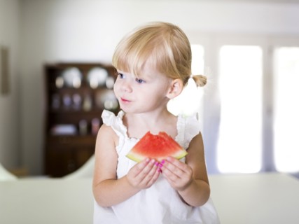 Portrait of girl (2-3) eating watermelon