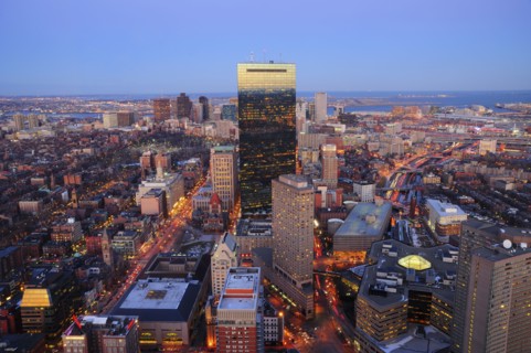 Elevated view of Boston skyline at dusk