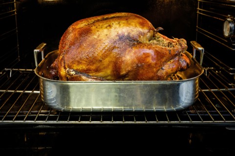Roasted turkey for Thanksgiving in oven.