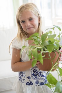Girl (6-7) holding flower in flower pot
