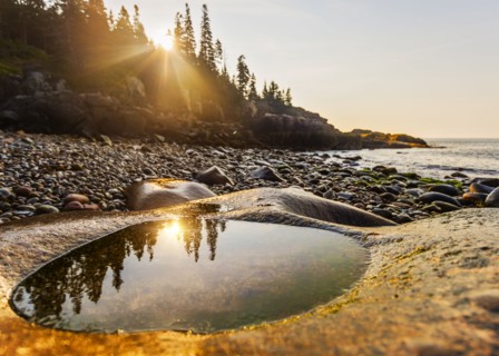Rocks and pebbles on beach at sunrise