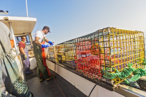 Three fishermen working on boat