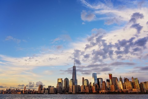 Financial district of lower Manhattan and Hudson River