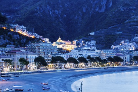 Town and beach at dusk