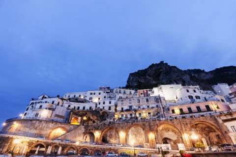 Illuminated town at dusk