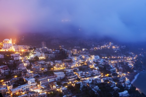 Aerial view of town at sunrise