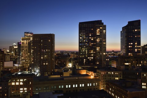Dusk lights over cityscape
