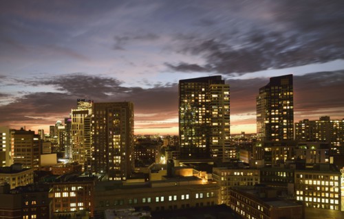 Dusk lights over cityscape