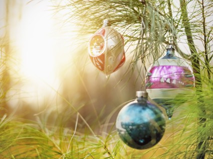 Christmas ornaments hanging from tree.
