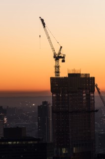 Silhouette of skyscraper under construction. New York City, New York, USA.
