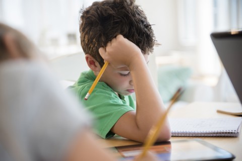 Boy (8-9) concentrating on homework