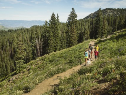 Family with children (10-11, 12-13, 14-15) hiking in mountains