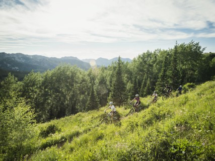 Family with children (10-11, 12-13, 14-15) cycling in mountains
