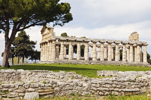 Old architectural columns of Paestum ruins