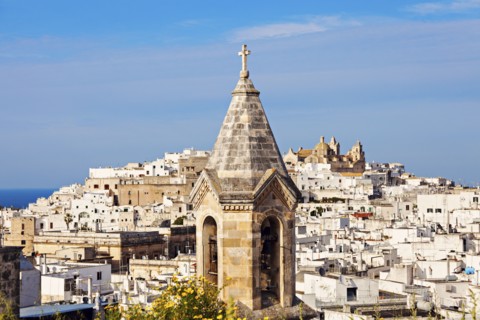 Townscape with church tower in foreground