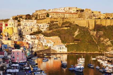 Townscape over Marina Corricella on Procida Island