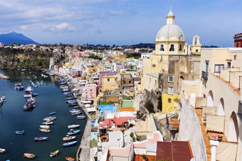 Townscape on Marina Corricella on Procida Island