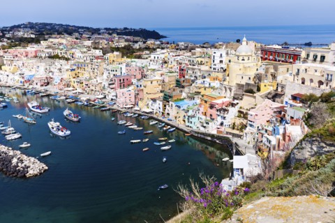 Townscape over Marina Corricella on Procida Island