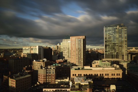 Storm clouds above downtown district