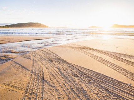 Tire tracks on beach at sunset
