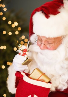 Portrait of Santa Claus holding nutcracker toy.