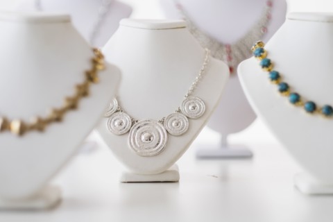 Necklaces on display.