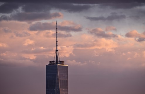 One World Trade Center against sky at dusk. USA, New York, New York City.
