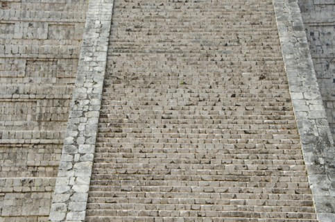 Close-up of stone steps of ancient Mayan pyramid of Kukulkan