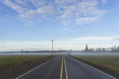 Highway going through plain covered with fog