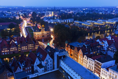 Aerial view of Lubeck with Holstentor Lubeck, Schleswig-Holstein, Germany
