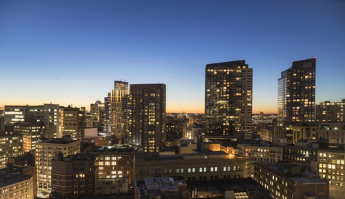 Modern downtown district at dusk