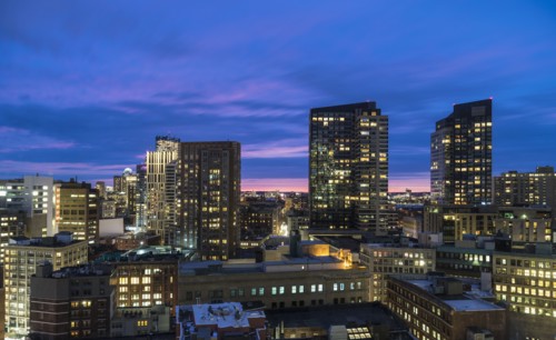 Modern downtown district at dusk