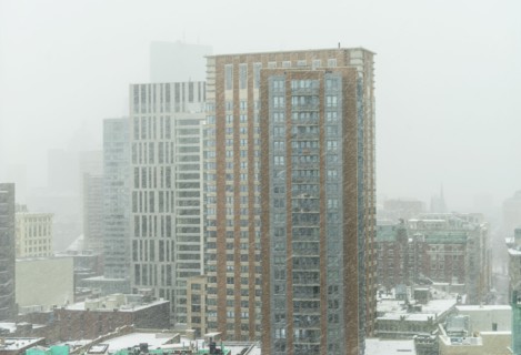 Downtown district in snow storm