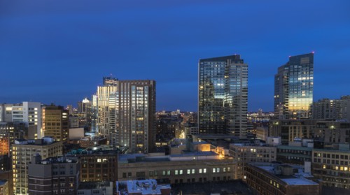 Modern downtown district at dawn