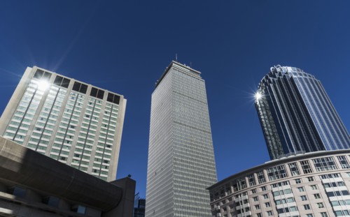 Modern skyscrapers in financial district on sunny day