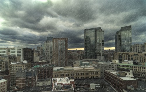Downtown district on rainy day