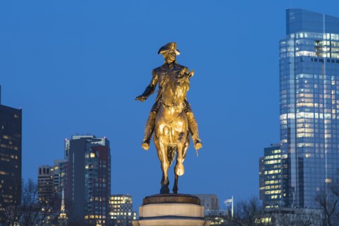Boston Public Garden, Statue of George Washington on horse at dusk