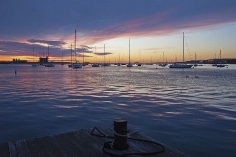 Boats moored in harbor at dawn