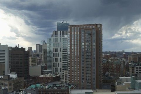 Downtown district against sky