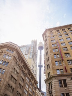 Low-angle view of communications tower
