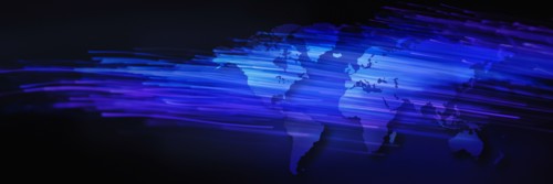 Illustration of fiber optics over world map.