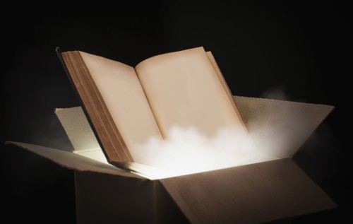 Book in an open cardboard box.