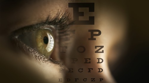 Close-up of human eye and letters.