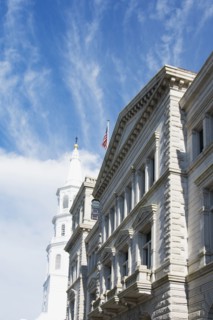 South Carolina, Charleston, Buildings and church in background